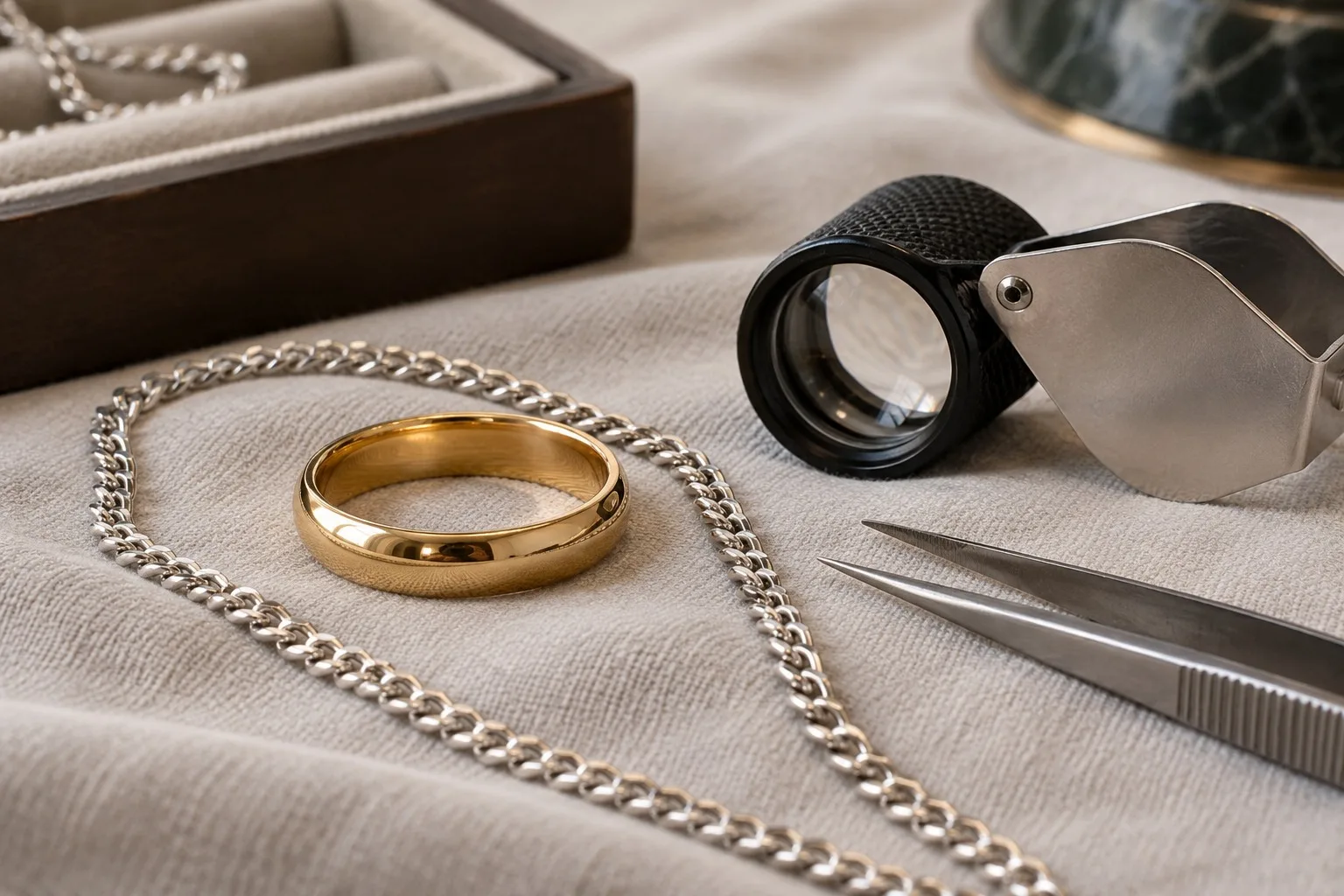 Ring und Kette auf weichem Stoff neben einer Juwelierlupe